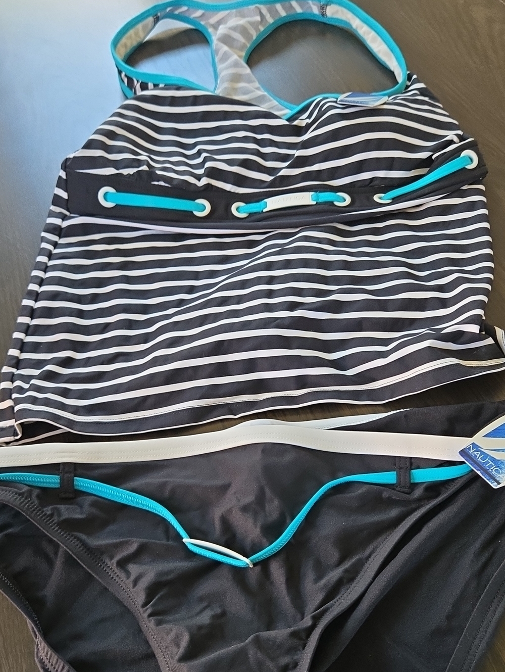 Nautica Black & White Striped Tankini with Turquoise Trim